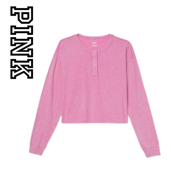 Victoria's Secret Pink- Cropped Long Sleeve Campus Henley T-Shirt - Pink - Large - Picture 3 of 3
